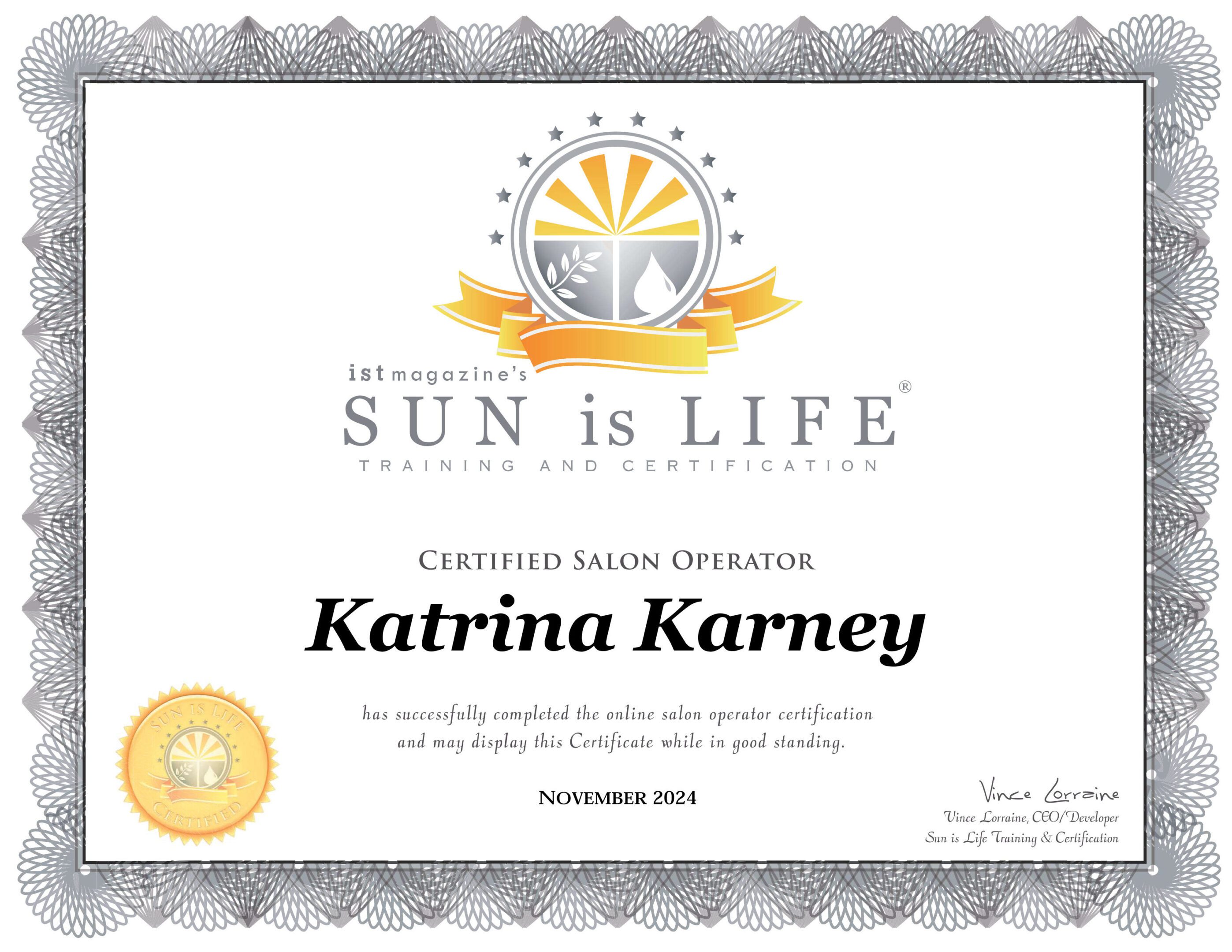 Certificate awarded to Katrina Karney for completing a Reiki course.