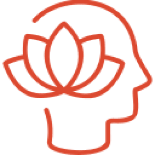 Abstract icon of a head with a lotus flower inside on an orange background.